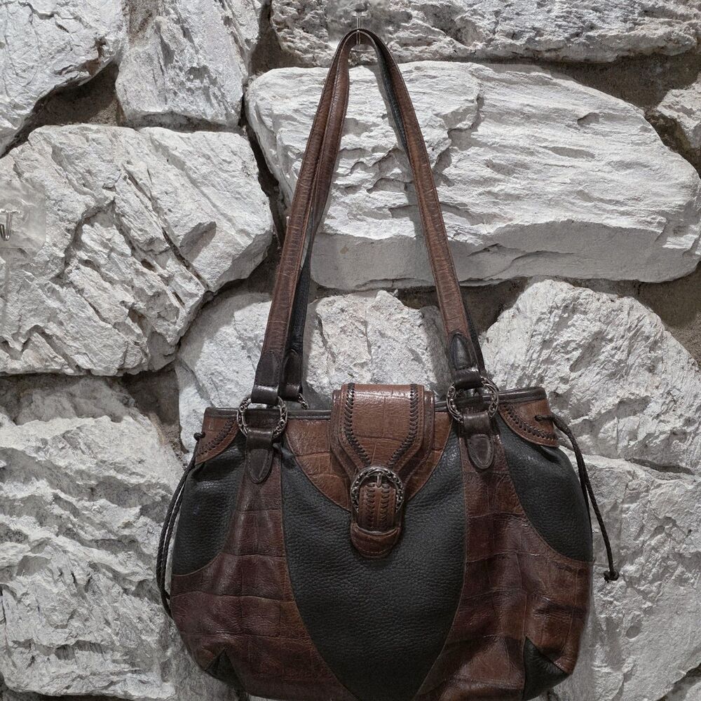 Brighton Leather Handbag Black Brown Croc Embossed Tote Purse Animal Butterfly